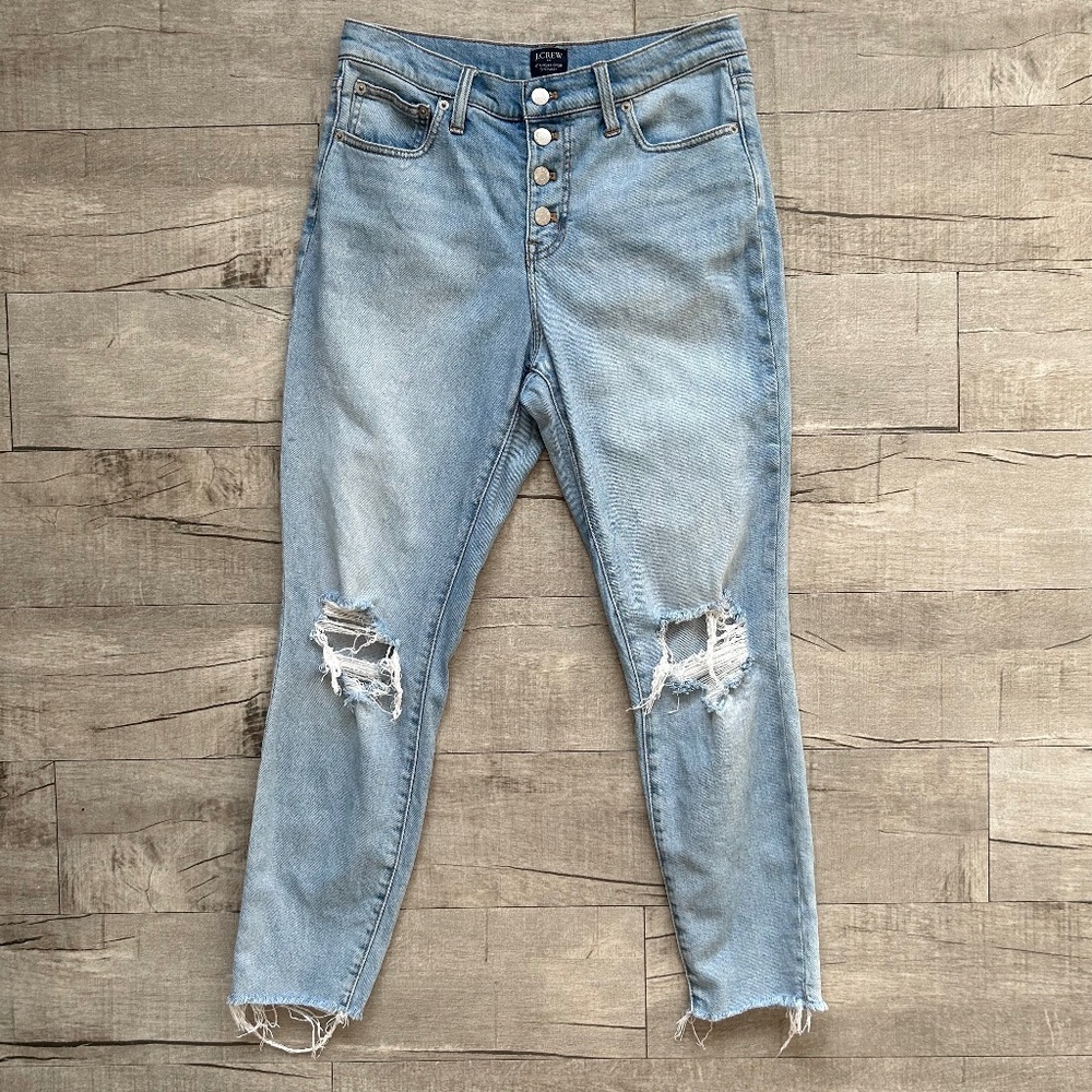 J. Crew 10" High-Rise Skinny Button Fly Light Wash Denim Distressed Jeans 28 6
